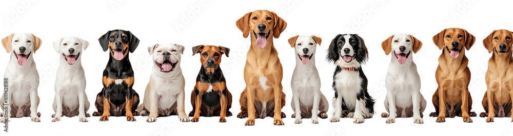Group of happy dogs in various breeds, white isolate background. Group of happy dogs in various breeds, white isolate background.