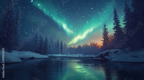 Beautiful aurora northern lights in night sky with lake snow forest in winter. Northern Lights. Illustration