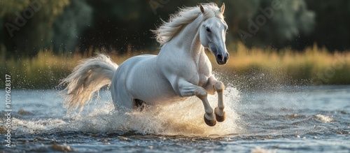 A white horse gallops through a shallow river with water splashing around it.