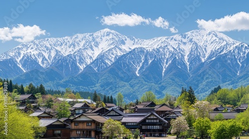 Serene Village Amidst Majestic Snowy Mountains