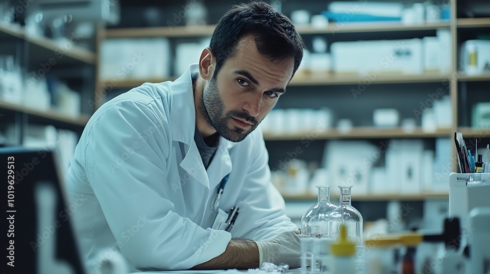 Male veterinarian working in laboratory Vet doctor is examining sample at animal hospital He is wearing uniform : Generative AI