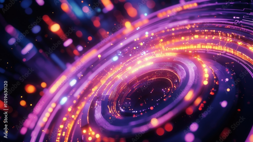 Abstract Circular Design with Glowing Purple and Orange Lights