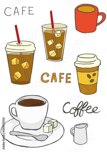 Hand drawn illustration of cold and hot coffee.