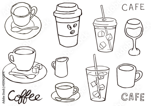 Coffee and drink illustration drawn in black and white pen drawing.