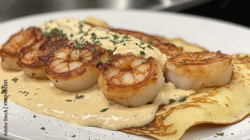 Shrimp with Cream Sauce and Pancakes on Plate Shrimp with Cream Sauce and Pancakes on Plate