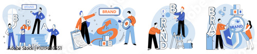 Brand building vector illustration. Logotype, insignia, becomes recognizable emblem in evolving structure brand Trademark, fortress, defends uniqueness and integrity brand under construction