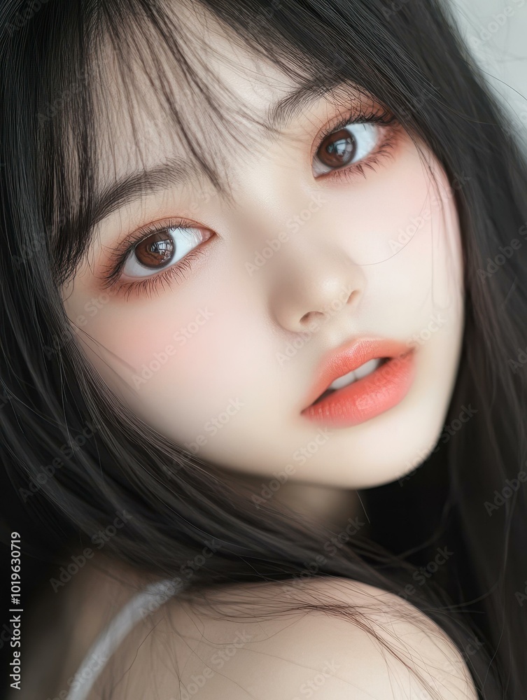 A striking portrait of a girl with delicate features, showcasing her natural beauty and captivating gaze. A striking portrait of a girl with delicate features, showcasing her natural beauty and captivating gaze.