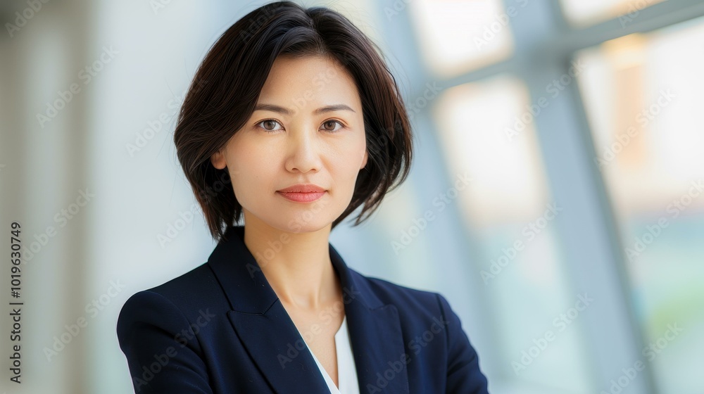 Confident, beautiful business woman in her 3s stands in the office, ready to take on challenges with a strong gaze. Confident, beautiful business woman in her 3s stands in the office, ready to take on challenges with a strong gaze.