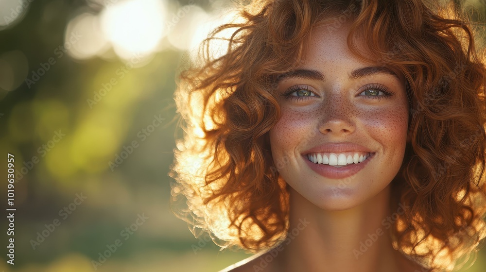 A joyful young woman with curly hair and freckles smiles brightly outdoors, basking in natural light and carefree vibes.