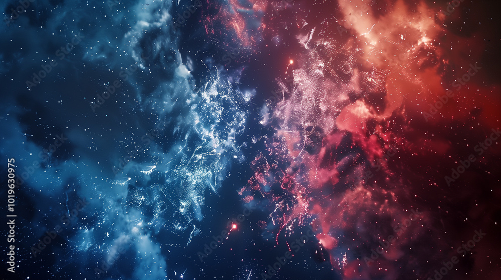Fototapeta premium Cosmic nebula with glowing blue and red clouds in deep outer space