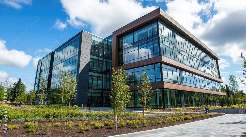 Modern Office Building with Glass Facade and Landscape Modern Office Building with Glass Facade and Landscape