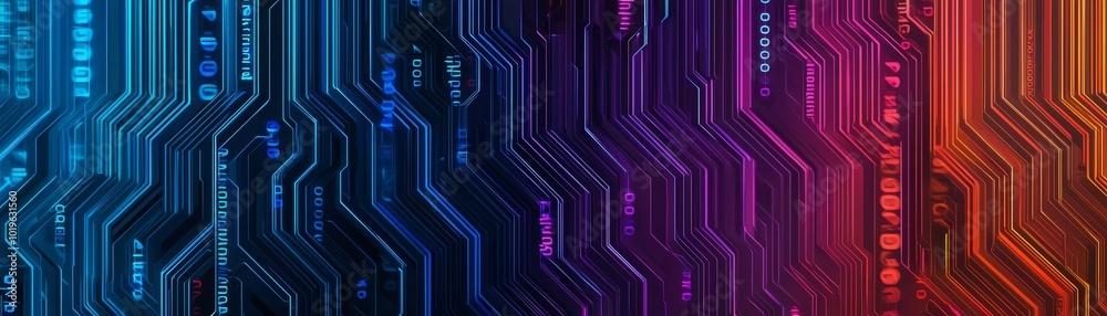 A vibrant digital circuit board design featuring intricate lines and colorful gradients in blue, pink, and orange tones. A vibrant digital circuit board design featuring intricate lines and colorful gradients in blue, pink, and orange tones.