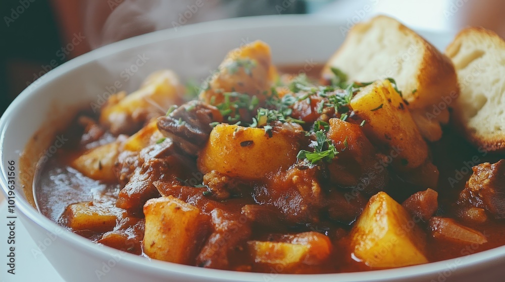 Flavorful Stew with Vegetables and Bread Side Flavorful Stew with Vegetables and Bread Side