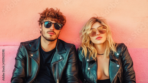 A stylish biker couple enjoys a break at a quaint cafe, radiating cool vibes in their leather jackets.