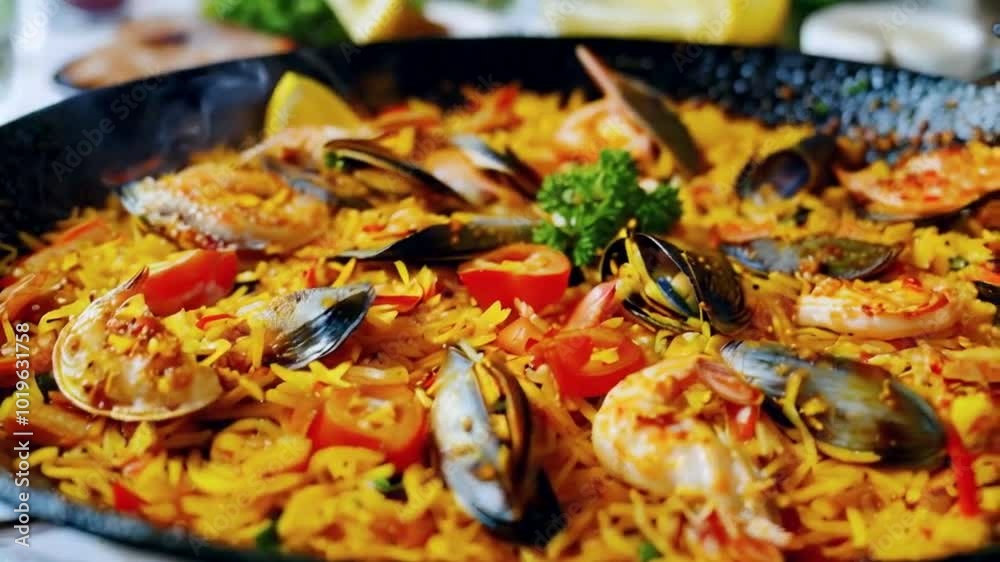 Delicious paella with seafood, saffron, and vegetables. Delicious paella with seafood, saffron, and vegetables.