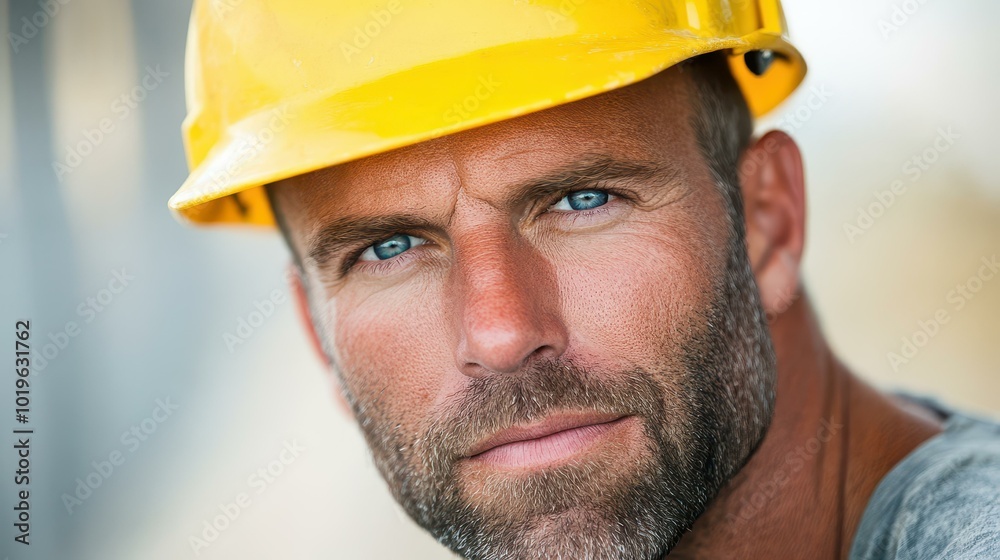 Determined male construction worker dons a yellow hard hat, showcasing blue eyes and grit in an outdoor setting. Determined male construction worker dons a yellow hard hat, showcasing blue eyes and grit in an outdoor setting.