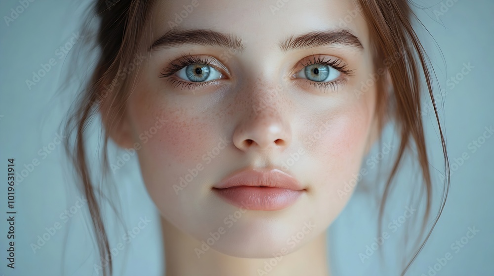 Closeup of a beauty studio portrait of an attractive young woman on a gray isolated background A charming girl with perfect skin and hair poses and looks at the camera : Generative AI Closeup of a beauty studio portrait of an attractive young woman on a gray isolated background A charming girl with perfect skin and hair poses and looks at the camera : Generative AI