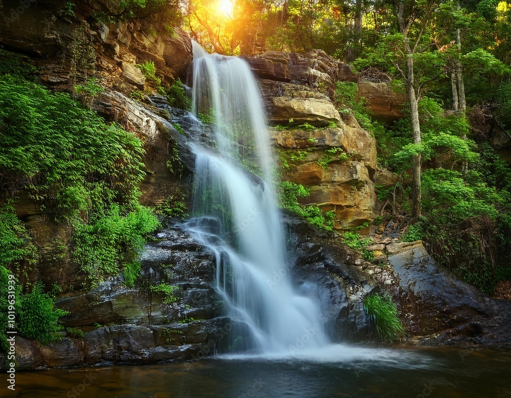Crystal Clear Waterfall Cascading Down a Rocky Cliffside, Surrounded by Lush Green Trees and Vibrant Flora, Bathed in the Soft Light of Early Morning Sunshine Crystal Clear Waterfall Cascading Down a Rocky Cliffside, Surrounded by Lush Green Trees and Vibrant Flora, Bathed in the Soft Light of Early Morning Sunshine