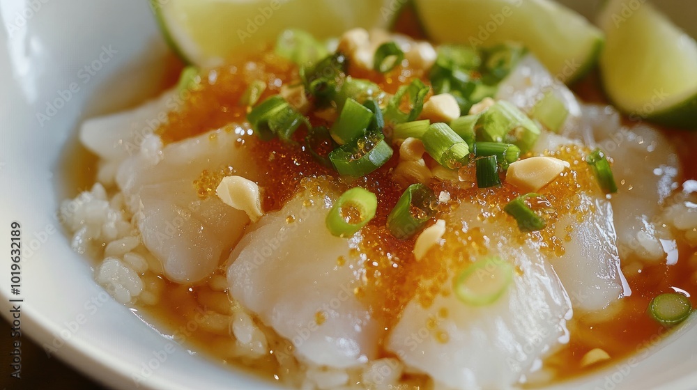 Fresh Seafood Dish with Green Onion and Citrus Slices Fresh Seafood Dish with Green Onion and Citrus Slices