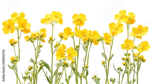 A closeup of bright yellow canola flowers showcasing their delicate petals and green stems isolated on a white background Clipping path included : Generative AI