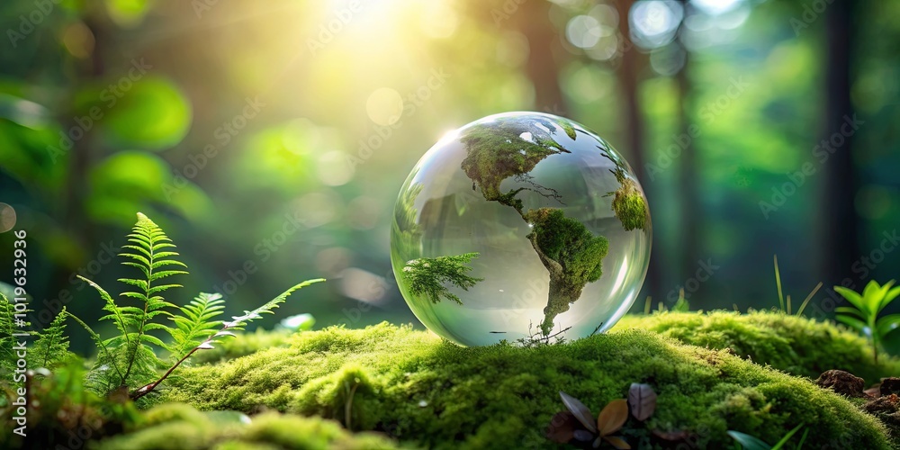 A Crystalline Globe Reflecting the Earth's Lush Vegetation, Nestled in a Bed of Vibrant Green Moss, Illuminated by the Warm Glow of Sunlight Filtering Through the Forest Canopy