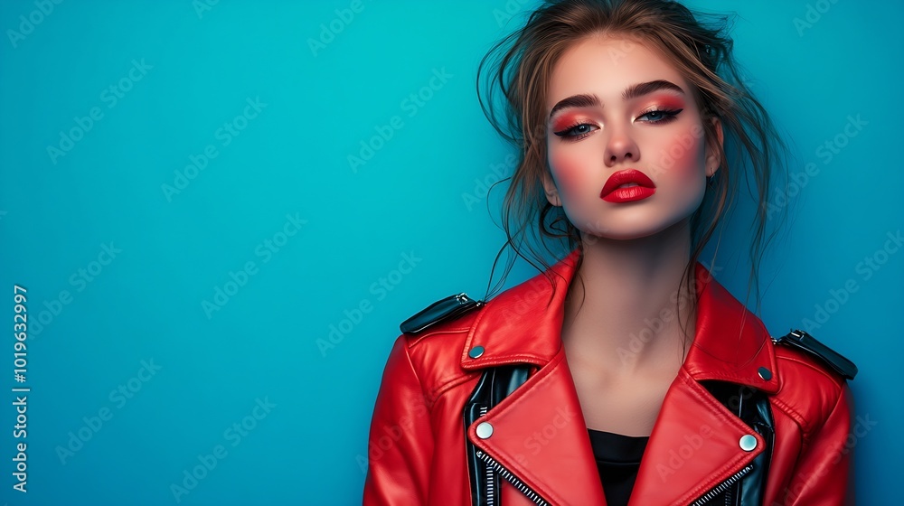 Beautiful girl fashion model with makeup wearing trendy clothes with red leather jacket and black pants posing over blue neon background Concept of beauty fashion week emotions trends : Generative AI Beautiful girl fashion model with makeup wearing trendy clothes with red leather jacket and black pants posing over blue neon background Concept of beauty fashion week emotions trends : Generative AI