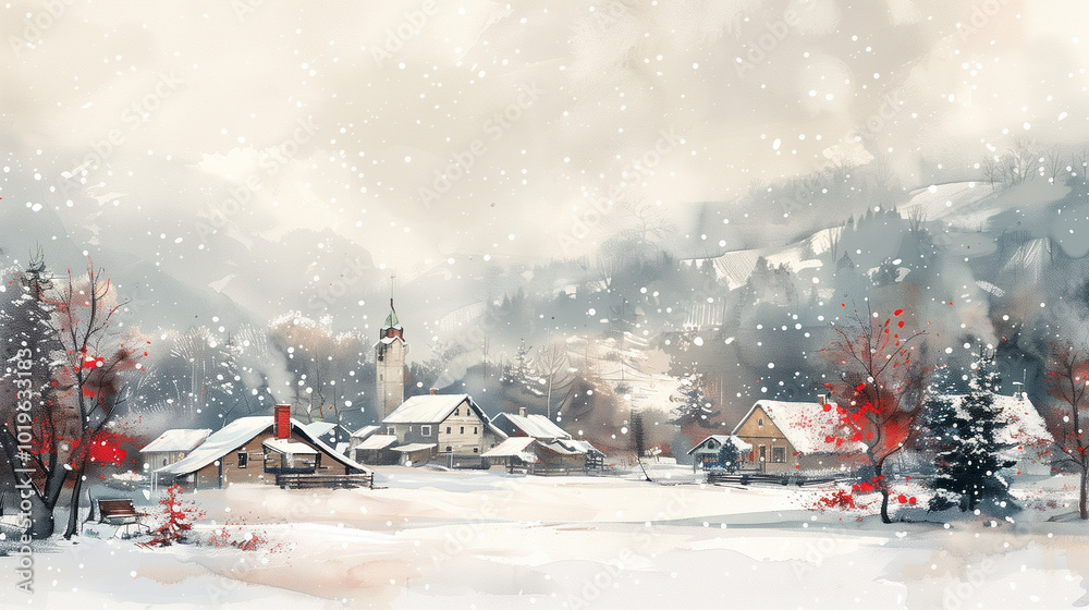 Charming winter landscape with snow-covered houses and trees in a peaceful village setting Charming winter landscape with snow-covered houses and trees in a peaceful village setting