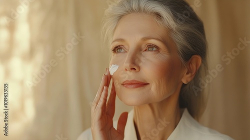 No filter close up photo of pretty cute senior woman apply cream face isolated on beige color background : Generative AI photo