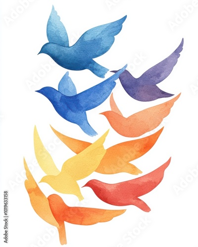 Colorful watercolor birds in flight, showcasing a blend of blue, orange, and purple hues on a white background. photo