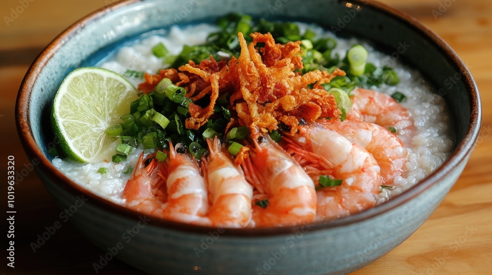 Delicious Shrimp Porridge with Lime and Green Onions Delicious Shrimp Porridge with Lime and Green Onions