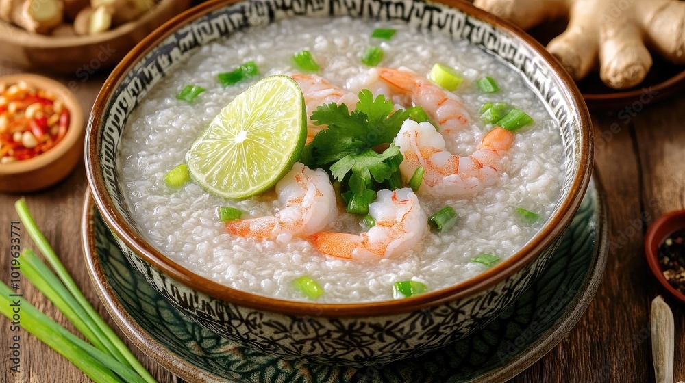 Fresh Shrimp Porridge with Lime and Green Garnish Fresh Shrimp Porridge with Lime and Green Garnish
