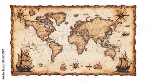 Antique world map isolated on white background, hand drawn illustration.  