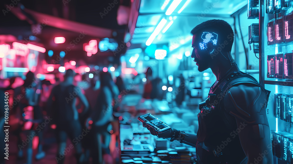 Blue cybernetic bazaar: featuring a bustling marketplace where individuals buy and sell illegal cybernetic implants and technology. Cyberpunk Marketplace. Illustration Blue cybernetic bazaar: featuring a bustling marketplace where individuals buy and sell illegal cybernetic implants and technology. Cyberpunk Marketplace. Illustration