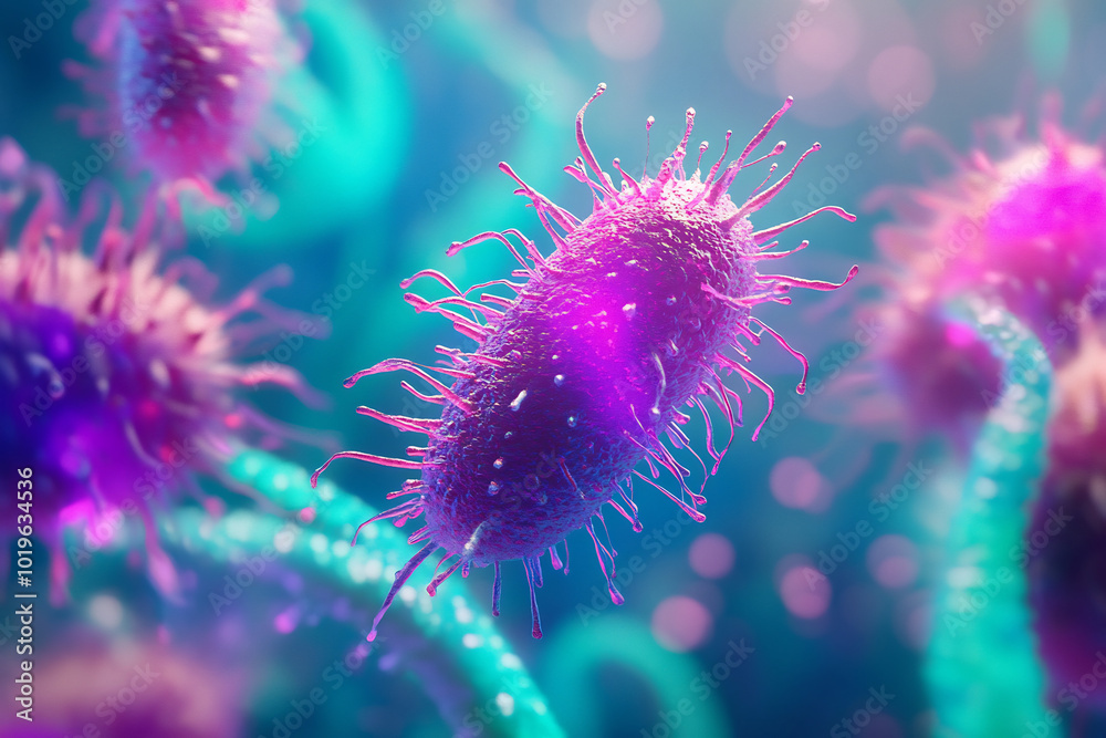 Close-up of vibrant purple bacteria under a microscope, showcasing detailed cellular structure in a glowing, scientific environment Close-up of vibrant purple bacteria under a microscope, showcasing detailed cellular structure in a glowing, scientific environment