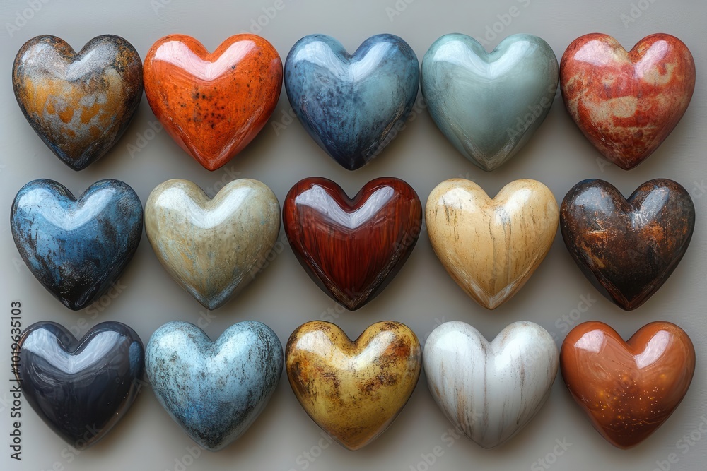 Fototapeta premium shiny threedimensional heart collection arranged artistically showcasing various textures and colors the glowing hearts symbolize love and affection against a soft neutral backdrop