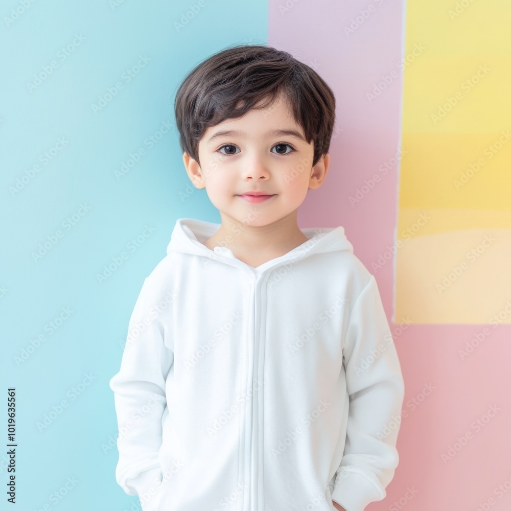 a cute kid wearing white onesies full sleeves while standing against a pastel background a cute kid wearing white onesies full sleeves while standing against a pastel background