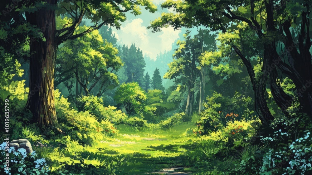 A Sunlit Path Through a Lush Green Forest A Sunlit Path Through a Lush Green Forest