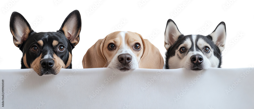 Obraz premium Three dogs peeking over a white surface, white isolate background.