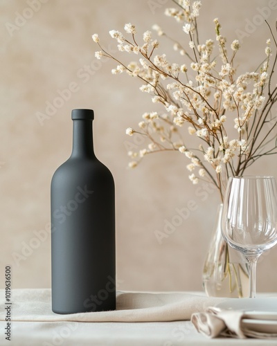 Elegant display of a matte black bottle with delicate flowers and glassware in a stylish, minimal setting. photo