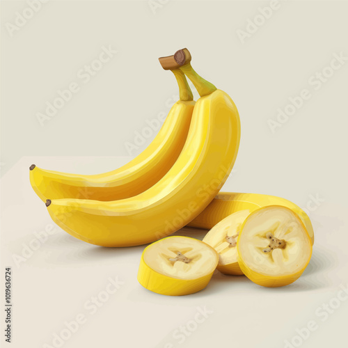 Whole and Sliced Bananas on White Background