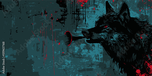 Wolf with a Trumpet and Blood Splatter on Blue Background