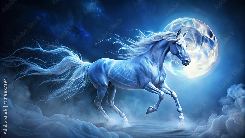 A silver horse runs across a sky filled with swirling clouds and a luminous moon. A silver horse runs across a sky filled with swirling clouds and a luminous moon.