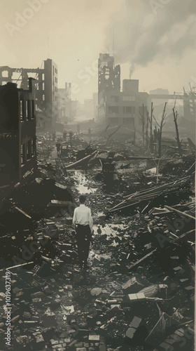 War-Torn Cityscape: Man Amidst Ruins