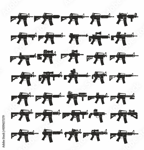 Black and white illustration of various assault rifles in different positions