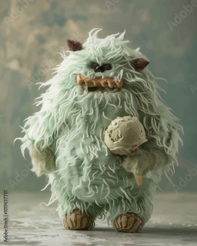 Furry Green Monster Companion Holding Stone