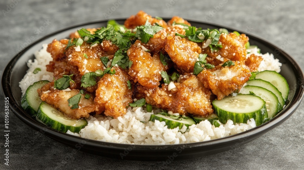 Delicious Fried Chicken on Rice with Fresh Vegetables Delicious Fried Chicken on Rice with Fresh Vegetables