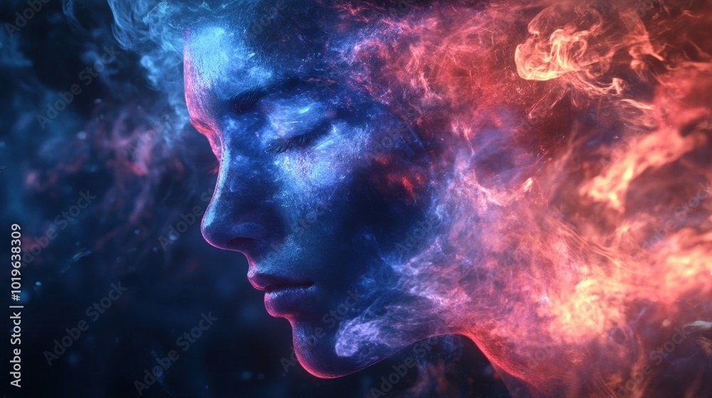 Abstract portrait of a woman with blue and red smoke or fire around her face.