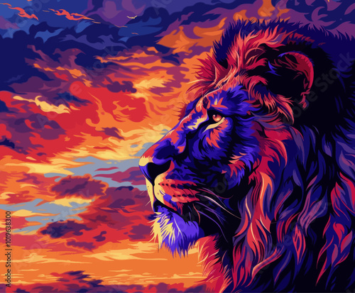 Lion Profile Against Sunset Sky  
