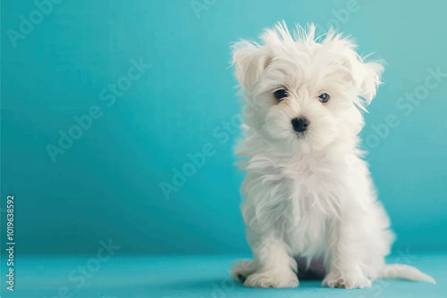 White Puppy Sitting on Blue Background 
