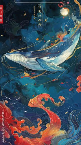 Whale in Abstract Ocean Scene 
